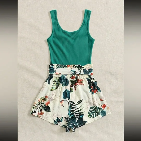 SHEIN Tropical Print Paperbag Waist Belted Combo Tank Romper - Picture 2 of 2